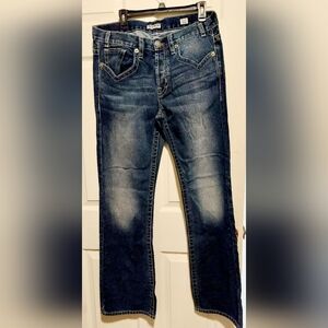 This is a pair of Mek Denim Oaxaca men's slim boot cut jeans featuring distinct